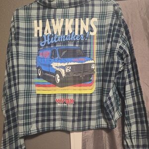 Netflix Plaid Button-Down with Retro Van Graphic - Blue/Green